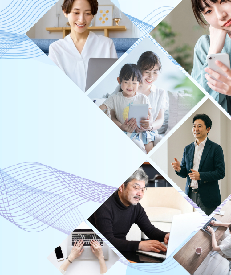 子育てをしながらスマートフォンを操作したり、子供とタブレットを見る女性たちのコラージュ画像