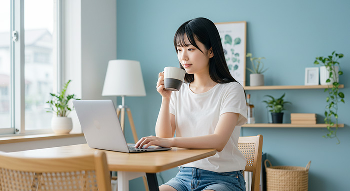 ノートパソコンでコーヒーを飲みながら作業をする女性